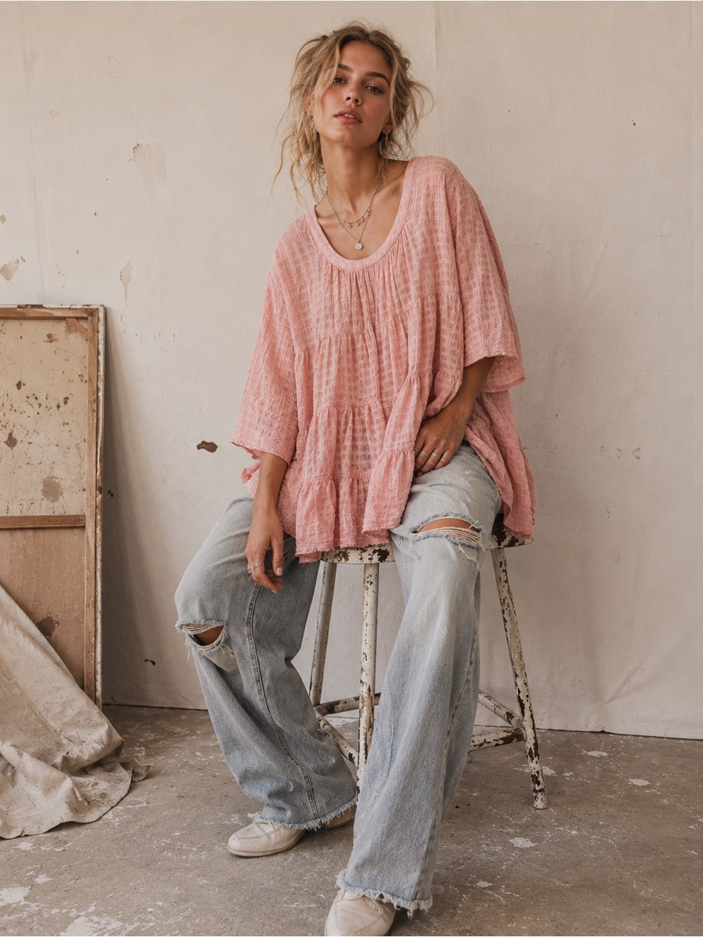 Peach A-Line Swing Tunic Top Flowing One Size Boho
